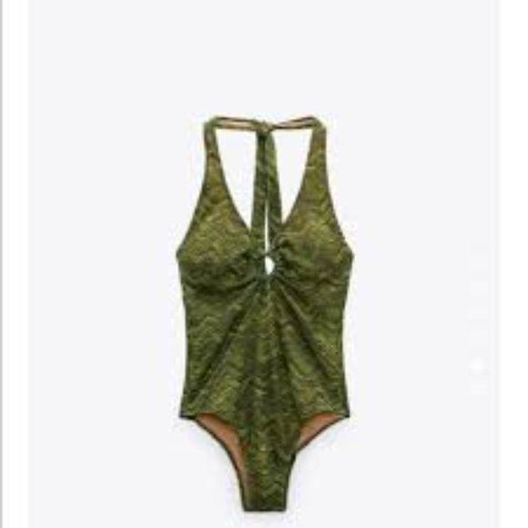 Zara green textured halter one piece swimsuit Sz M NWT - Picture 1 of 1
